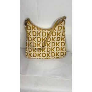 DKNY Monogram Logo Small Hobo Shoulder Bag Yellow Cream Canvas Gold Hardware
